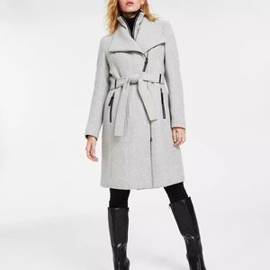 NEW Calvin Klein Belted Wrap Wool Coat double zip